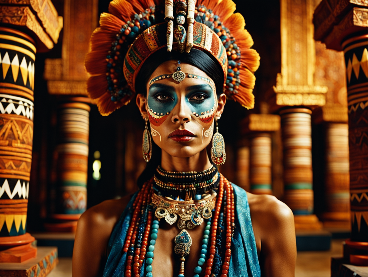 sugar face tribal paint aztec queen in the temple, vibrant colours, photorealistic quality with volumetric lighting, intricate textures --ar 4:5 --niji 5 --style expressive